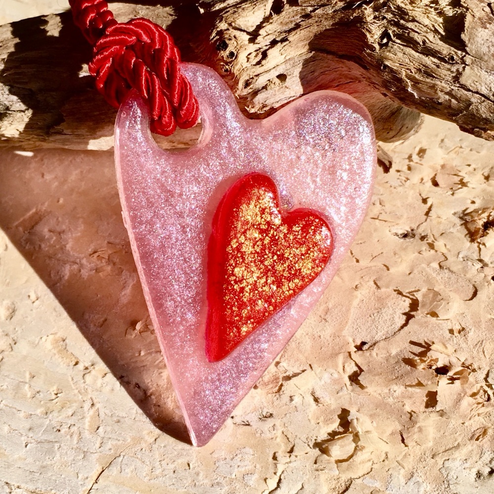 Pink pearl double heart necklace
